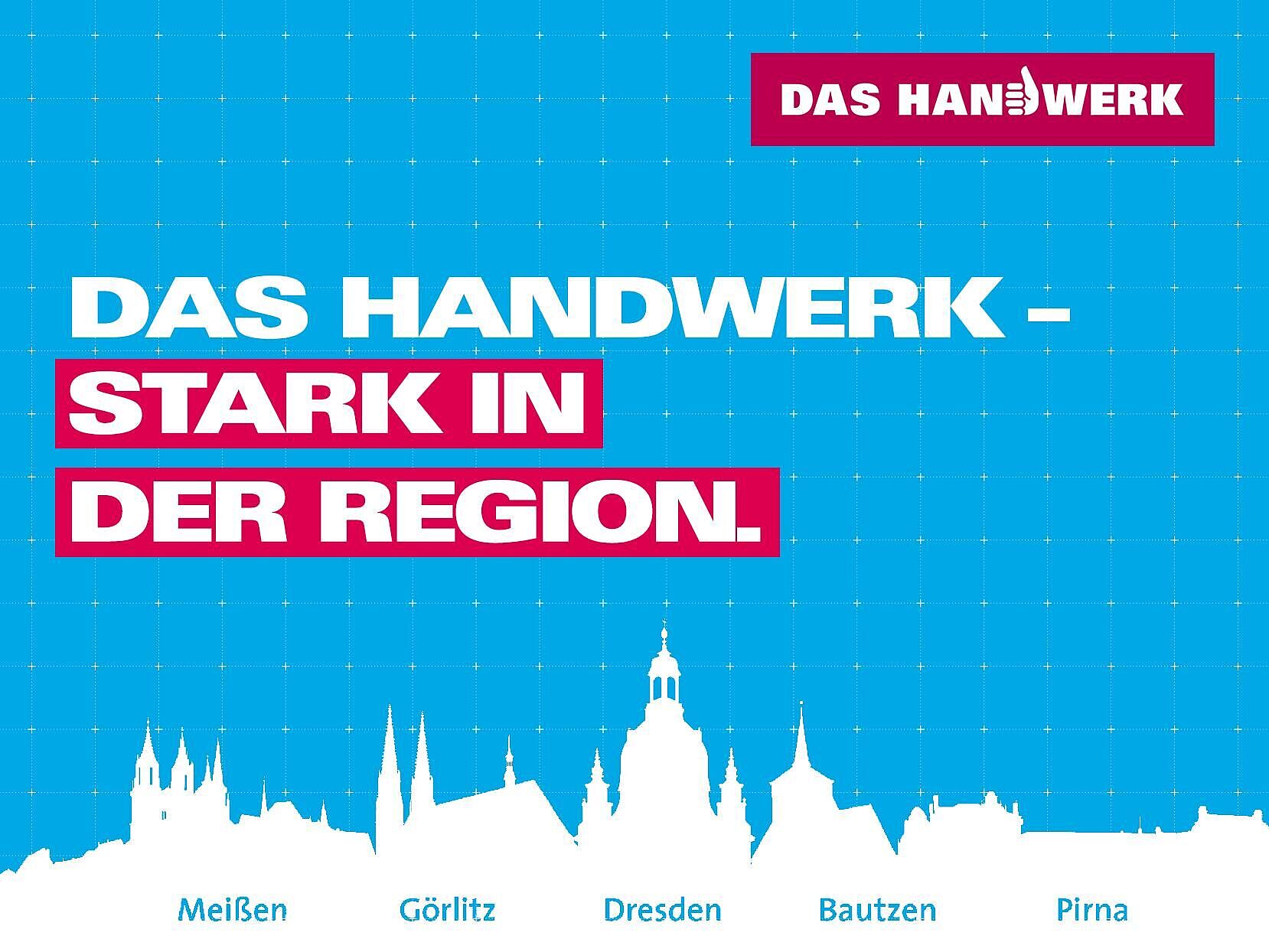 Hellblauer Hintergrund, unten eine Grafik mit einer Silhouette von Sehenswürdigkeiten Meißen, Görlitz, Dresden, Bautzen, Pirna. Darüber der Spruch in weiß auf rotem Hintergrund \"Das Handwerk – stark in der Region.\"