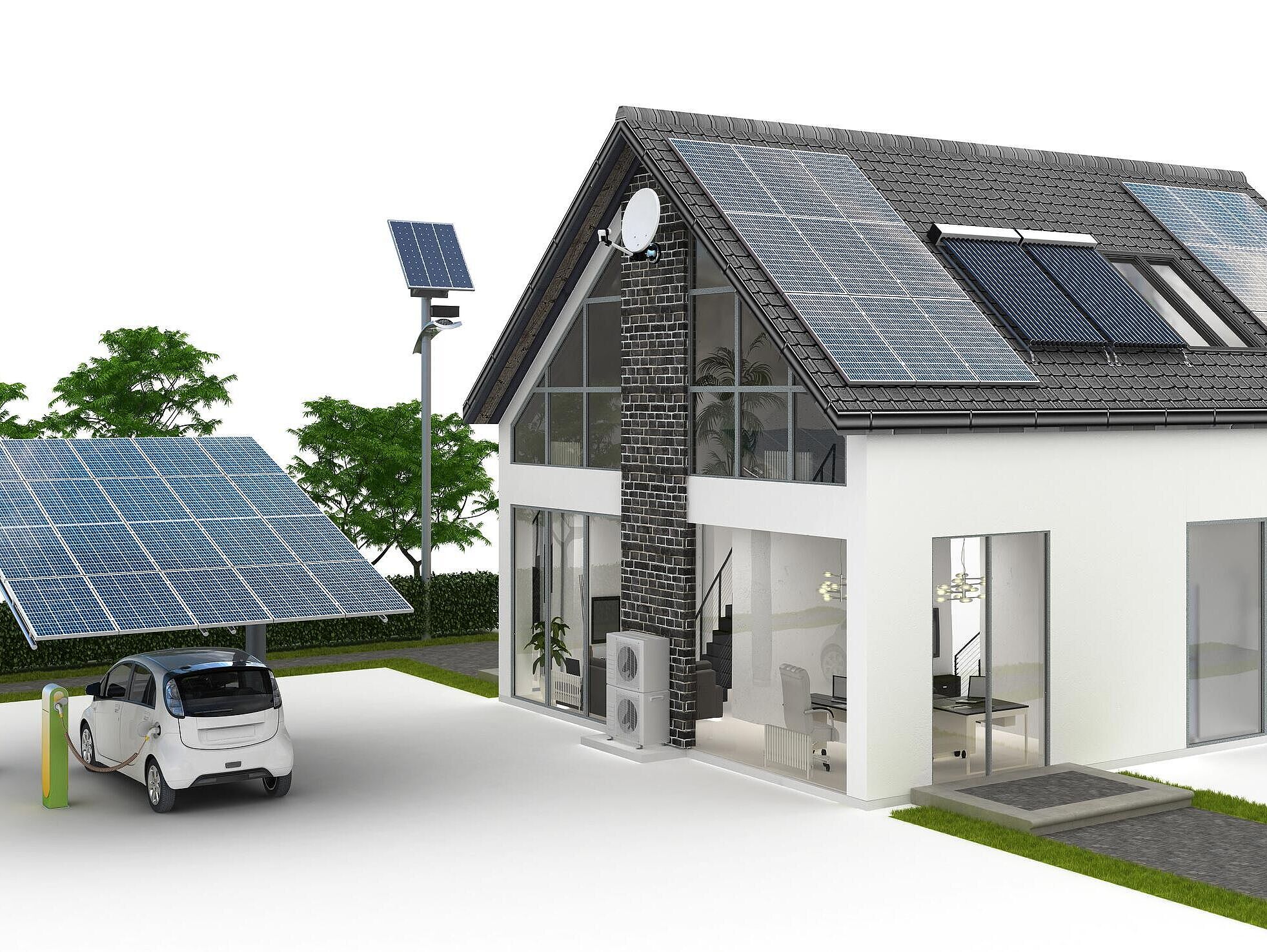 GRafische Zeichnung von einem Einfamilienhaus und einem Carport mit jeweils einer Photovoltaikanlage auf dem Dach. Im Carport steht ein Elektroauto.