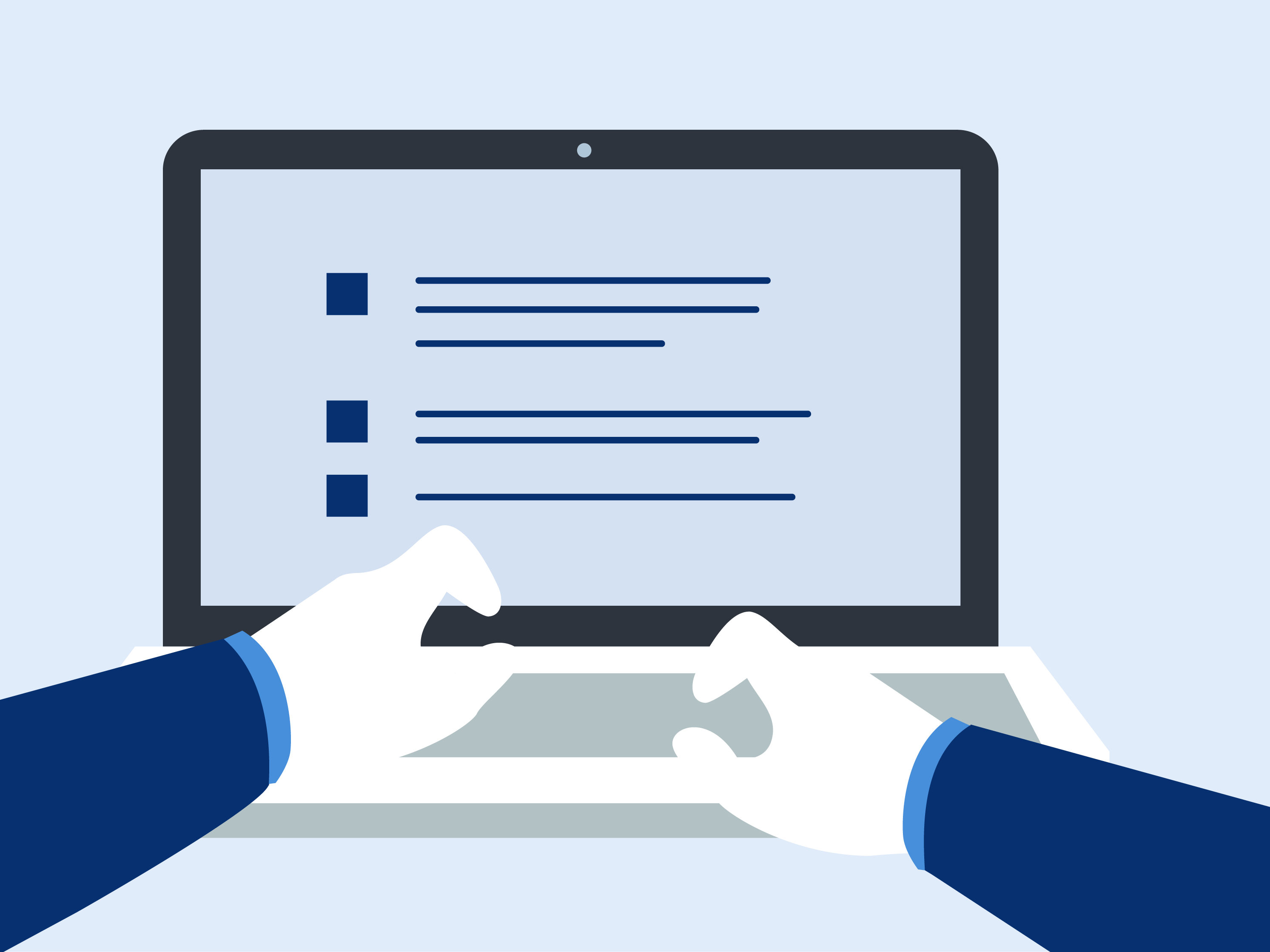 Bewerbungsformular online ausfüllen Illustration eines Computers mit den Händen, die auf einer Tastatur tippen.