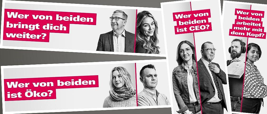 Bannervarianten zur der Imagekampagne \"Handwerk neu denken\"  zu den Slogans \"Wer von den beiden bringt dich weiter?\", und \"Wer von beiden ist Öko?\"