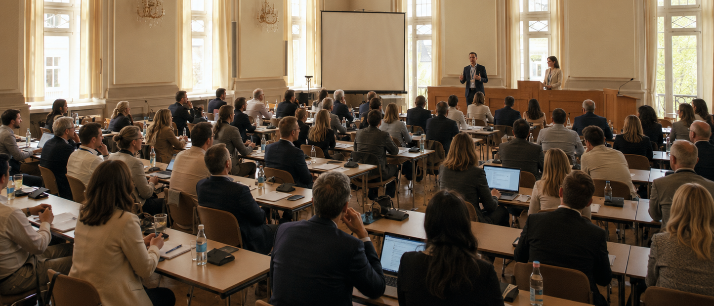 Vergabekonferenz Landkreis Bautzen Teilnehmende sitzen in einem großen, hellen Veranstaltungssaal an Tischreihen und verfolgen einen Vortrag. Vorn stehen zwei Referierende neben einer Leinwand.