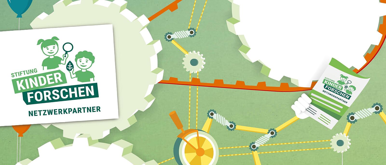 Grafik zum Termins: Grüner Hintergrund, darauf unterschiedlich große weiße Zahnräder teilweise mit einem Riemen verbunden, verteilte blaue und ro und rote Luftballons.
