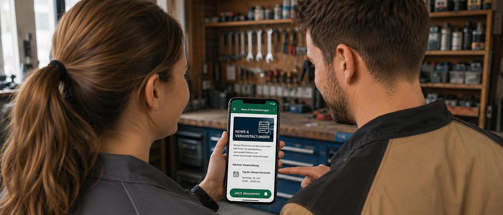 WhatsApp-Kanal der Handwerkskammer Dresden für die Lausitz Zwei Personen betrachten ein geöffnetes WhatsApp-Fenster auf einem Handy.