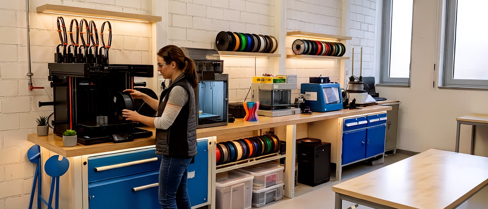 Auftaktabend der Offenen Werkstatt: 3D-Druck im Handwerk Blick auf eine Werkbank einer Werkstatt. Im Wandregal dahinter 3D-Druck Filament-Rollen. Auf dem Arbeitstische nebeneinander mehrere unterschiedliche 3D-Drucker. Davor eine Person welche gerade das Filament an einem 3D-Drucker wechselt.