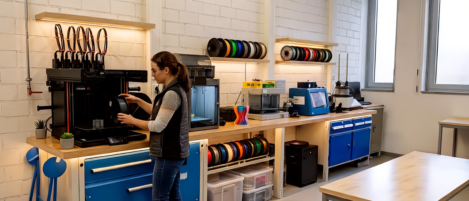 Blick auf eine Werkbank einer Werkstatt. Im Wandregal dahinter 3D-Druck Filament-Rollen. Auf dem Arbeitstische nebeneinander mehrere unterschiedliche 3D-Drucker. Davor eine Person welche gerade das Filament an einem 3D-Drucker wechselt.