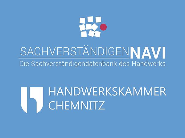 Weißes Logo des SachverständigenNAVI: abstrakte Vierecke die an Pflastersteine erinnern, daneben ein roter Kreis. Darunter der Schriftzug \"SachverständigenNAVI - Die Sachverständigendatenbank des Handwerks\" auf hellblauem Hintergrund.