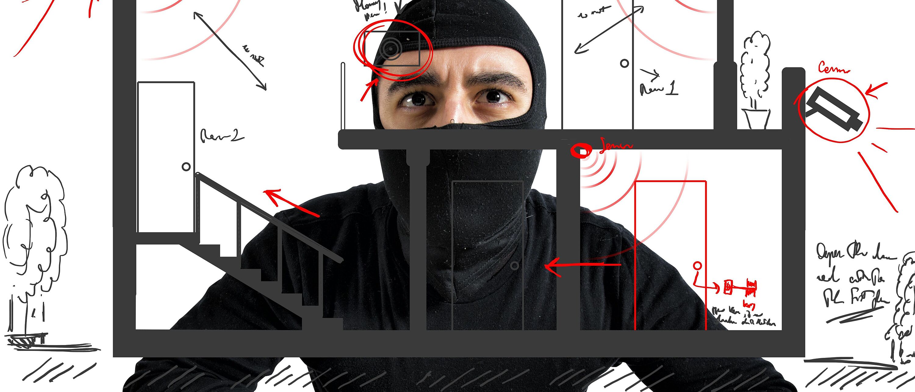 Zeichnung eines schwarzgekleideten Einbrechers, der auf ein Haus schaut, welches mit diversen Schutzmechanismen ausgestattet ist (Kameraüberwachung, Alarmanlagen etc.)
