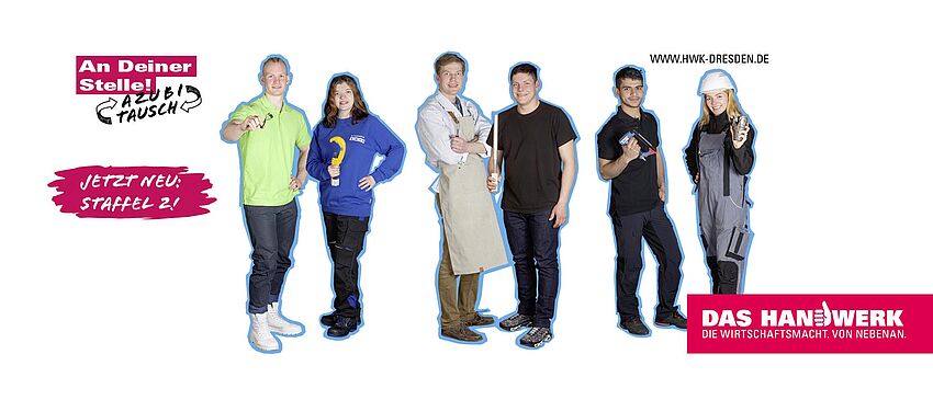 Auf weißem Hintergrund stehen mehrere Personen in entsprechender Berufskleidung