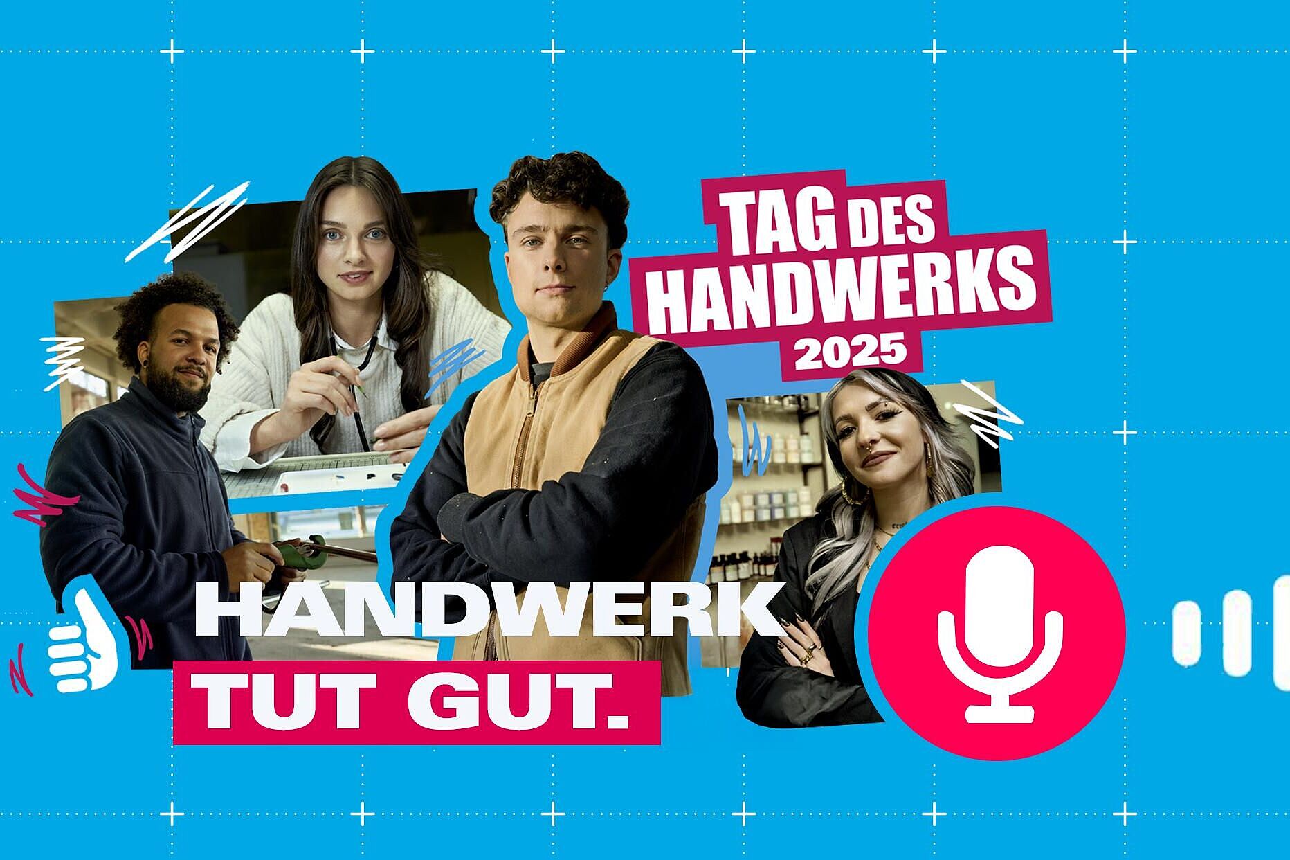 Es sind drei kreisförmig angeordnete Porträts zu sehen. Darunter steht der Schriftzug „Handwerk tut gut”.
