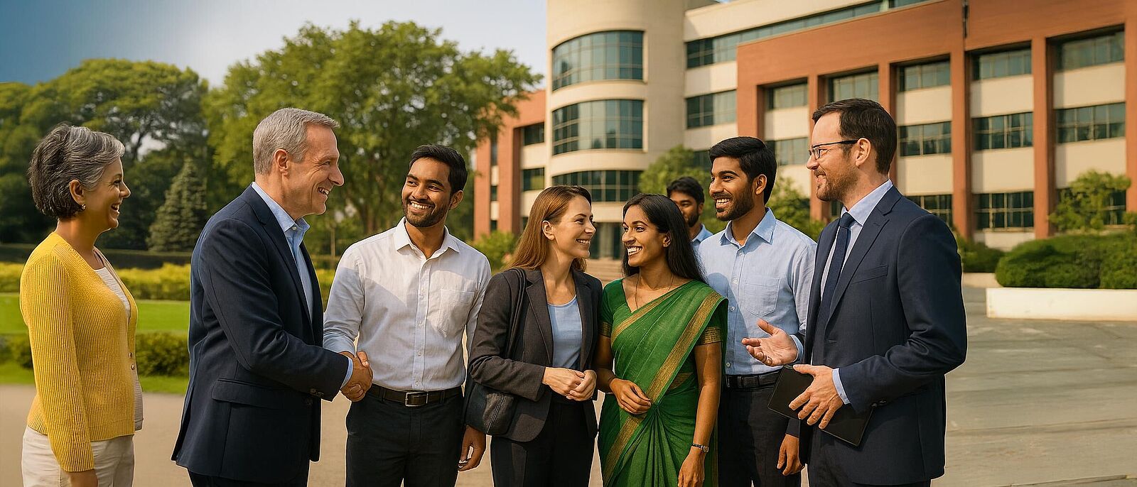 Sächsische Wirtschaftsdelegation für Geschäftsanbahnung und Fachkräfte nach Indien Vor einer indischen Universität stehen mehrere Personen aus Deutschland und Indien und begrüßen sich.