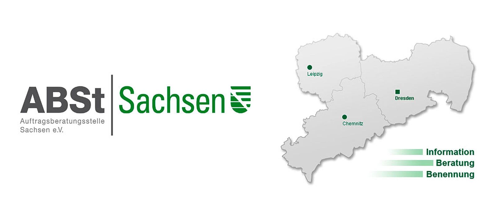Logo der Auftragsberatungsstelle Sachsen e.V  mit der Karte der Landesdirektion Sachsen, darauf markiert die Standorte Chemnitz, Dresden, Leipzig.