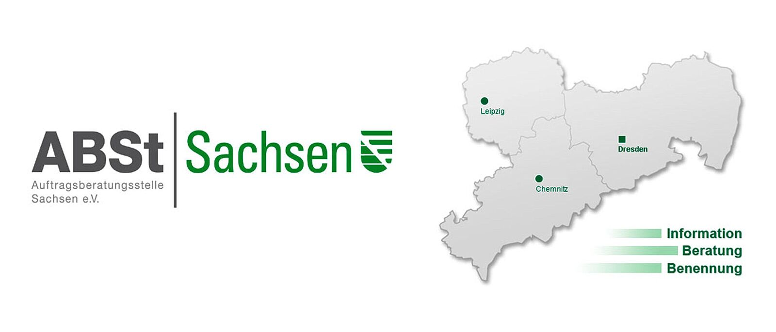Logo der Auftragsberatungsstelle Sachsen e.V  mit der Karte der Landesdirektion Sachsen, darauf markiert die Standorte Chemnitz, Dresden, Leipzig.