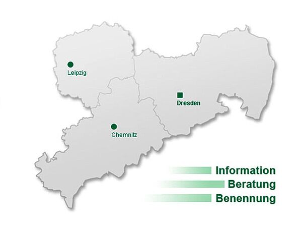 Logo der Auftragsberatungsstelle Sachsen e.V  mit der Karte der Landesdirektion Sachsen, darauf markiert die Standorte Chemnitz, Dresden, Leipzig.