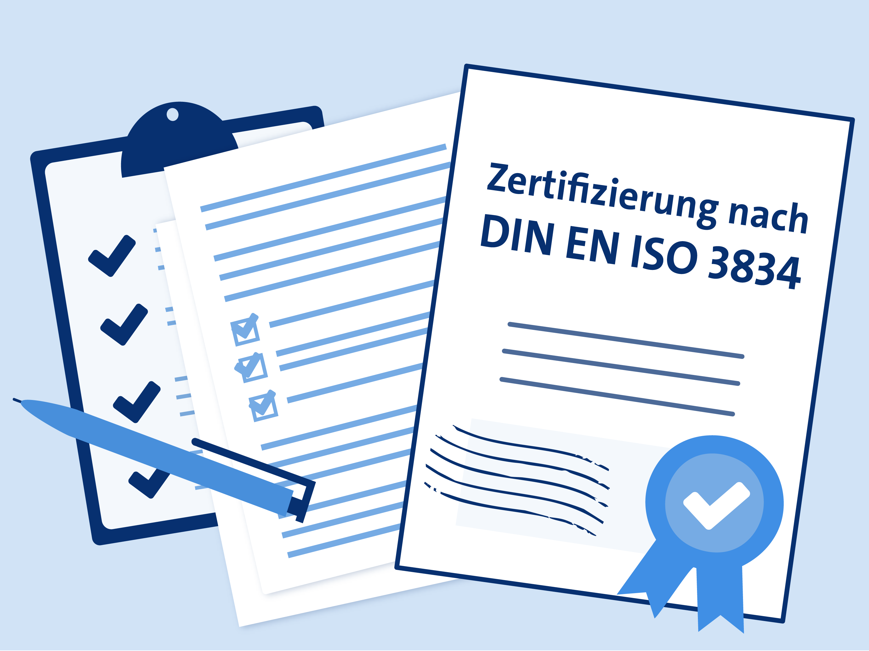 Illustration von einer Urkunde mit Zertifikat. Außerdem sind weitere Dokumente und Listen zu sehen und ein Stift zum Ausfüllen.