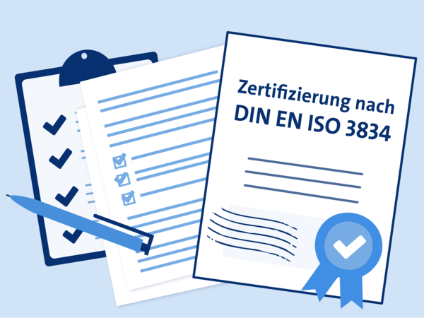 Illustration von einer Urkunde mit Zertifikat. Außerdem sind weitere Dokumente und Listen zu sehen und ein Stift zum Ausfüllen.