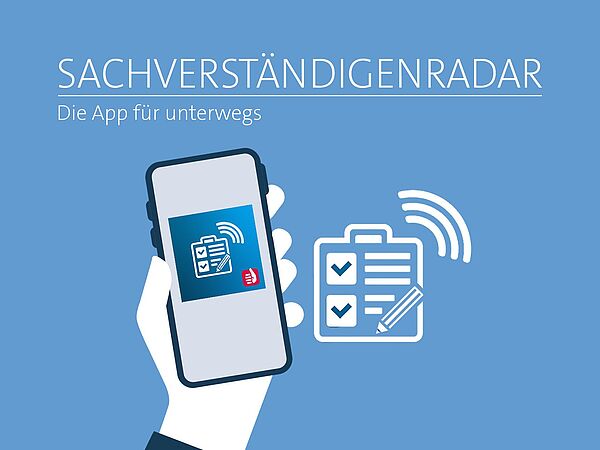 Auf hellblauem Hintergrund der der Schriftzug \"Sachverständigenradar – Die App für unterwegs\".  Darunter das weißes Logo der Sachverständigenradar-App, links daneben eine Illustration von einer Hand die ein Handy hält.