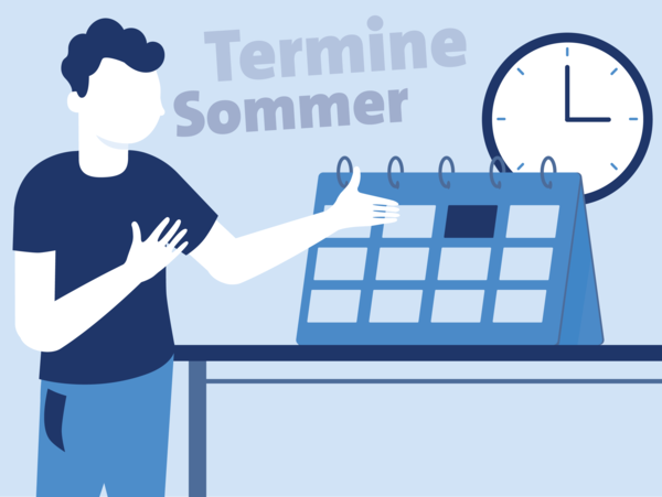 Illustration von einer Person, welcher vor einem großem Kalender steht und sich die dort den markierten Termin anschaut. Darüber 2 Texte: \"Termine\" und  \"Sommer\"