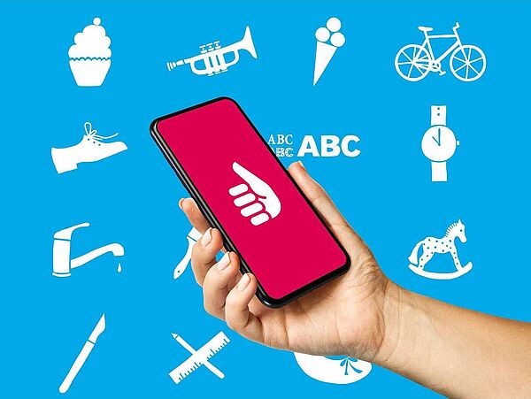 Hellblauer Hintergrund mit weißen Berufe-Icons darüber eine Hand die ein Handy hält.