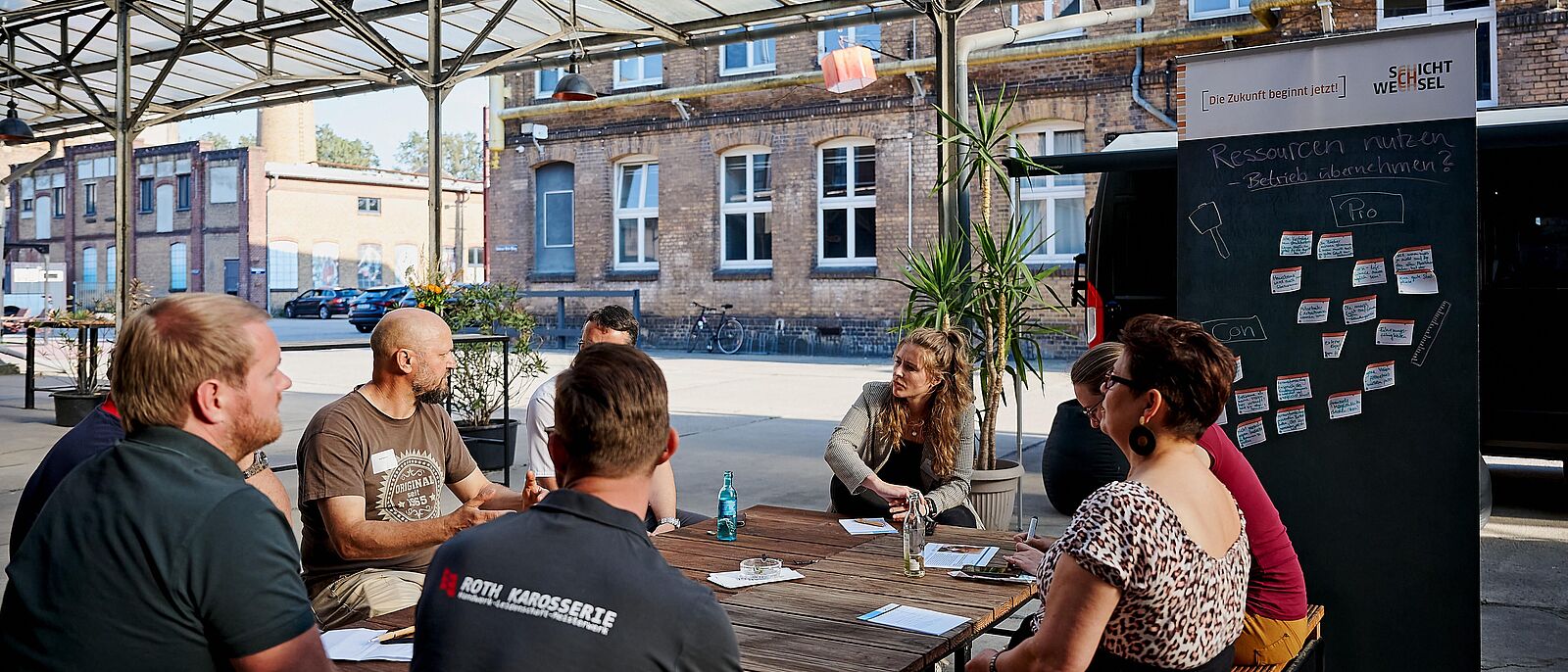 Fünf Personen sitzen in einer offenen Halle/Glasbüro an einem großen Holztisch und haben vor sich Dokumente liegen. Sie unterhalten sich angeregt. Im Hintergrund ein RollUp zum Thema \"Ressourcen nutzen – Betrieb übernehmen\"
