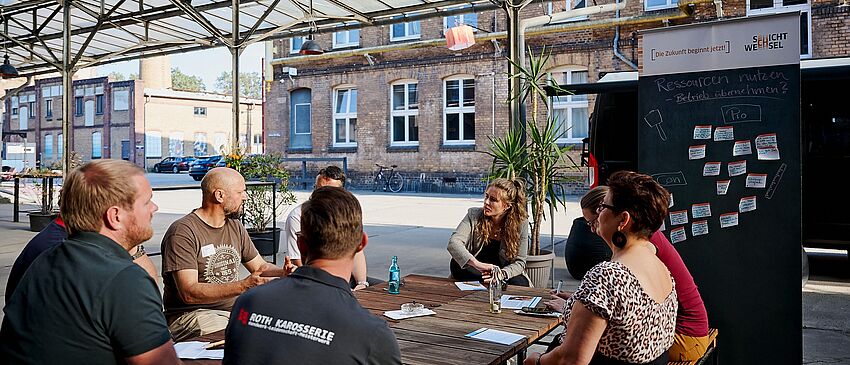 Fünf Personen sitzen in einer offenen Halle/Glasbüro an einem großen Holztisch und haben vor sich Dokumente liegen. Sie unterhalten sich angeregt. Im Hintergrund ein RollUp zum Thema \"Ressourcen nutzen – Betrieb übernehmen\"