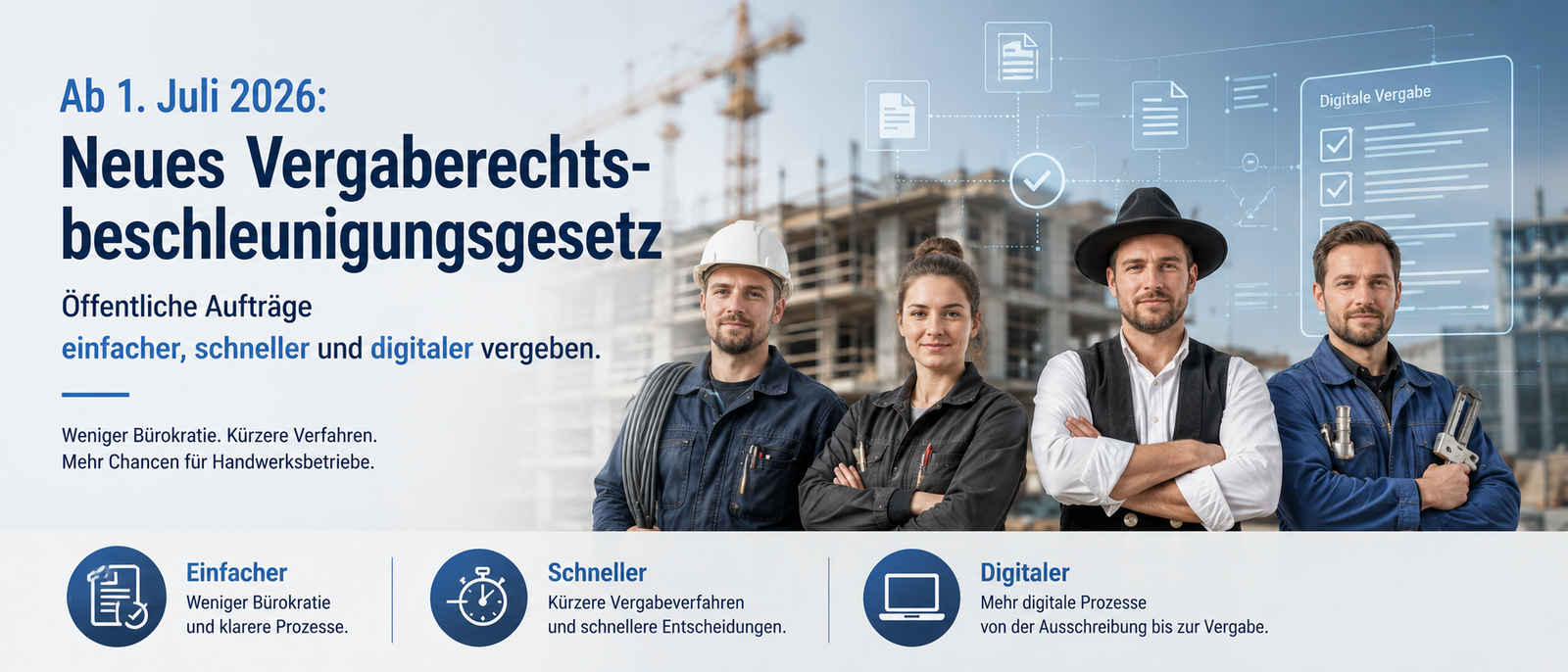 Vergaberechtsbeschleunigungsgesetz ab dem 1. Juli 2026 – Erfolg für das Handwerk Vier Handwerkerinnen und Handwerker verschiedener Gewerke stehen gemeinsam vor einer Baustelle mit Rohbau und Baukränen. Im Hintergrund sind grafische Symbole für digitale Dokumente, Ausschreibungen und Vergabeprozesse eingeblendet. Links im Bild wird auf das neue Vergaberechtsbeschleunigungsgesetz hingewiesen, das am 1. Juli 2026 in Kraft tritt. Ziel des Gesetzes ist es, öffentliche Aufträge einfacher, schneller und digitaler zu vergeben. Drei Symbole am unteren Bildrand verdeutlichen die Vorteile: weniger Bürokratie, kürzere Vergabeverfahren und mehr digitale Prozesse. Die Darstellung vermittelt neue Chancen für Handwerksbetriebe bei öffentlichen Aufträgen.