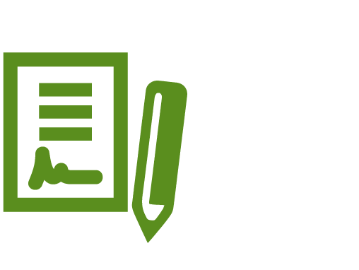 Icon von einem Zetteln mit Text und Unterschrift, daneben ein Stift