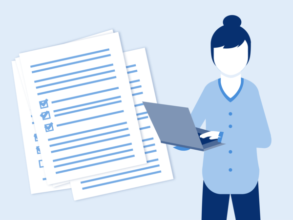 Illustration von einer Person die schreibend einen Laptop in der Hand hält. Im Hintergrund mehrere lose Dokumente und Formulare.