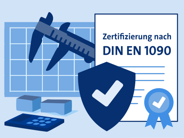 Illustration von einer Urkunde mit Zertifikat daneben ein Rechenschieber und ein Taschenrechner.