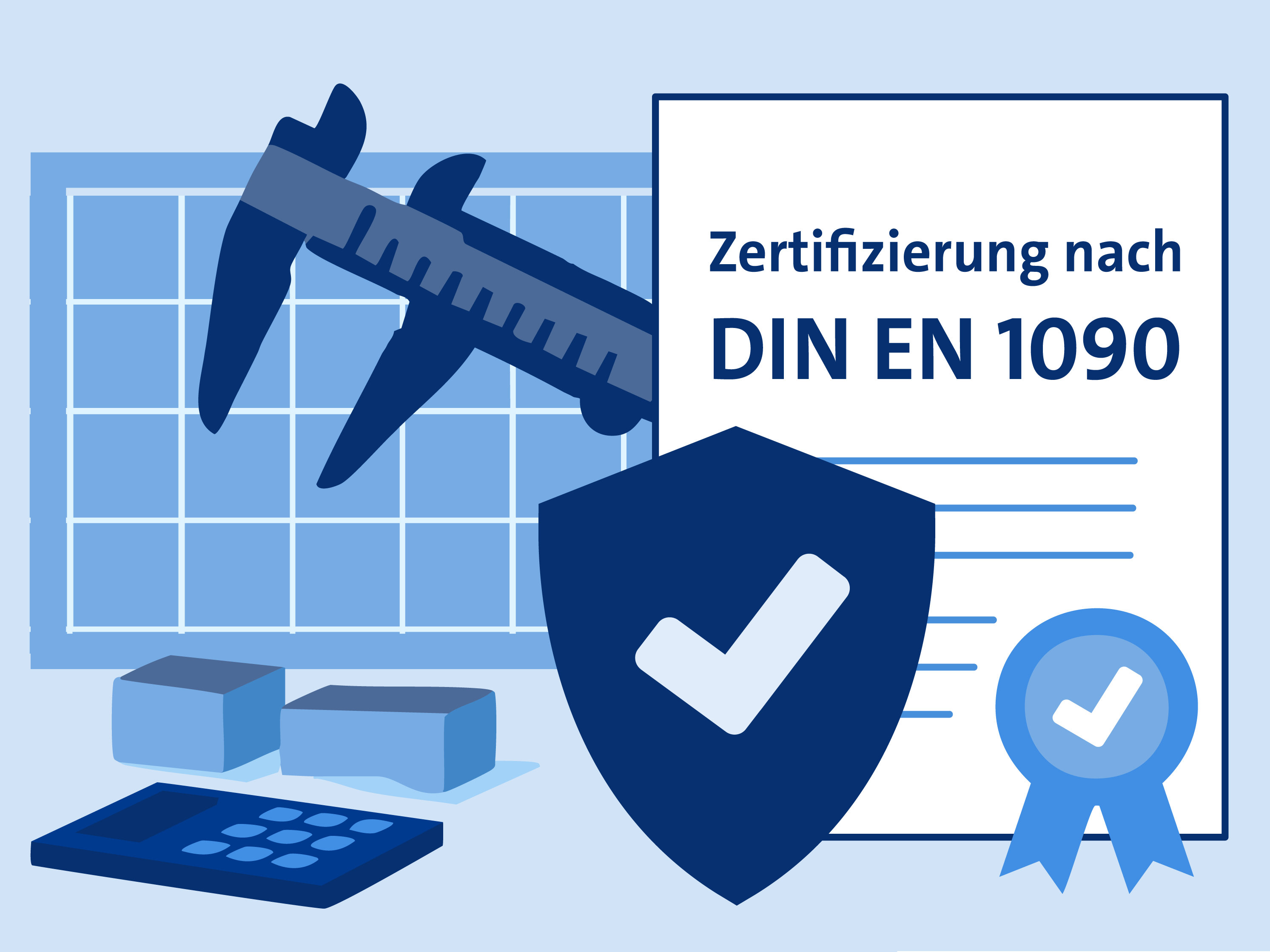 Illustration von einer Urkunde mit Zertifikat daneben ein Rechenschieber und ein Taschenrechner.