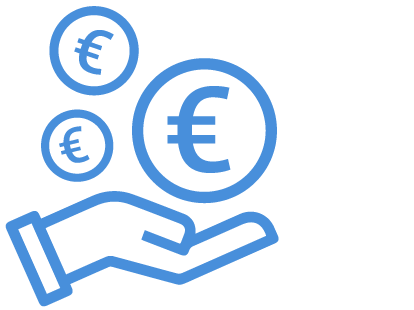 Icon Fördermöglichkeiten Abstrakte Grafik einer Hand, in welche von oben unterschiedlich große Euro-Münzen fallen.