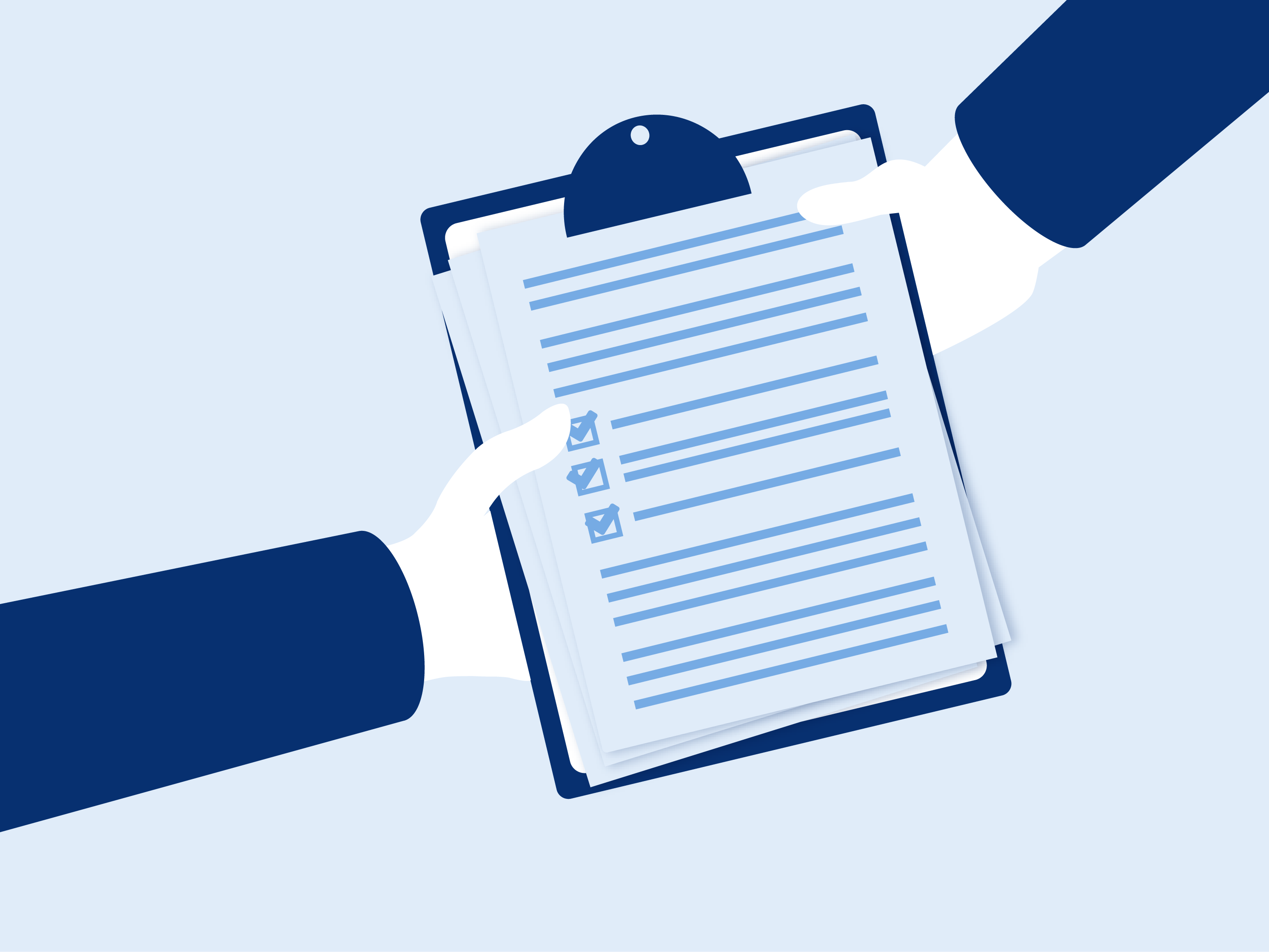 Bewerbung zum Meisterstipendium einreichen Illustration von Dokumenten und Zetteln die ein einem Bündel von einer Hand in die andere Hand gereicht werden.