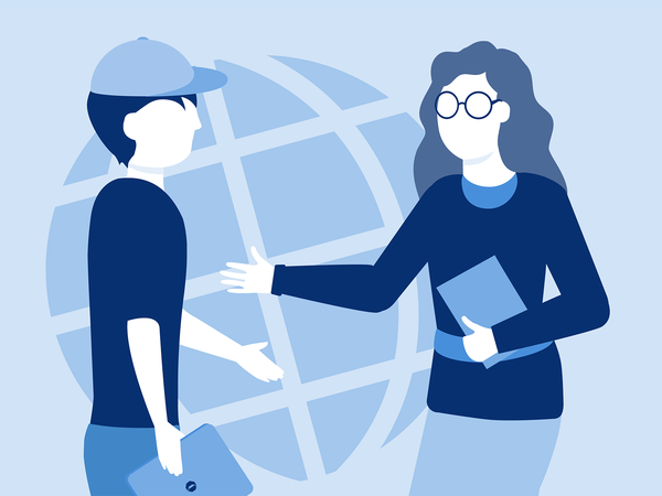 Illustration einer Person, die eine andere Person begrüßt, die in Arbeitskleidung gekleidet ist.