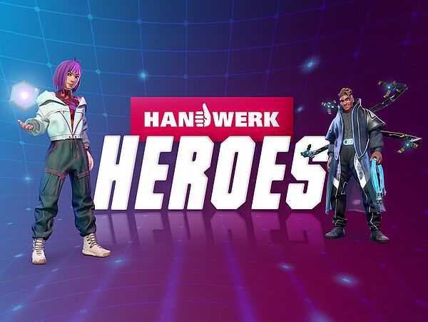 Spielerfiguren im Fortnite-Style stehen links und rechts neben dem Text: Handwerk Hero