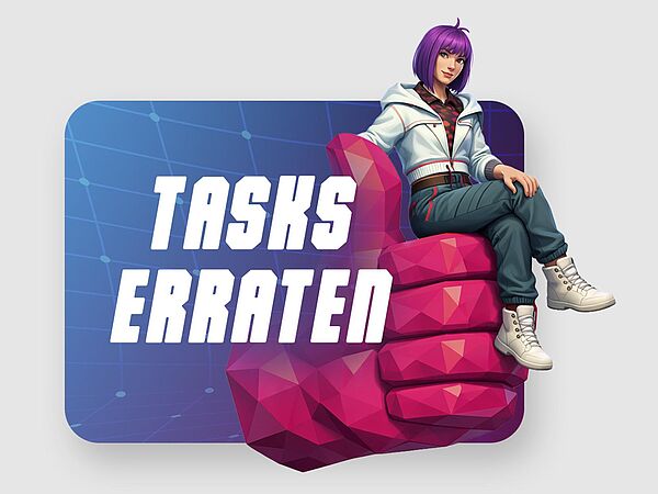Handwerk Heroes – Es ist Zeit, ein Hero zu werden! Spielerfiguren im Fortnite-Style stehen links und rechts neben dem Text: Task erraten