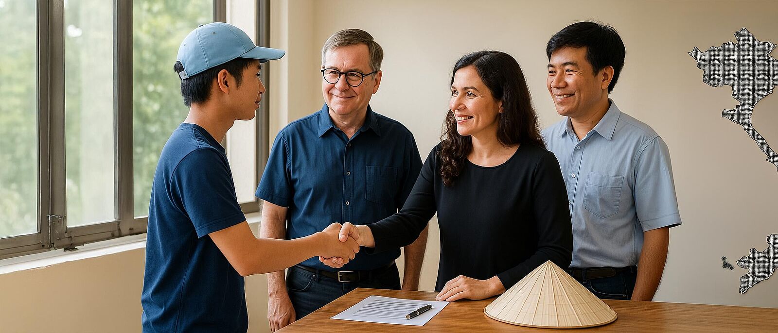 Vier Personen stehen im Kreis, begrüßen sich und stellen sich vor. Eine von ihnen gibt einer jüngeren Person die Hand. Neben ihnen ein Tisch mit diversen Büroutensilien und einem klassischen, typischen vietnamesische Kegelhut.
