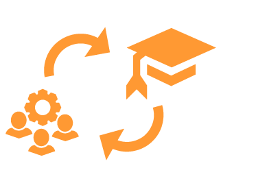Icon von zwei Pfeilen die einen Kreis bilden, an den Pfeilspitzen und sich gegenüber jeweils ein Symbol: für Schule ein Studentenhut und für den Handwerksbetrieb ein Zahnrad mit drei Personen.