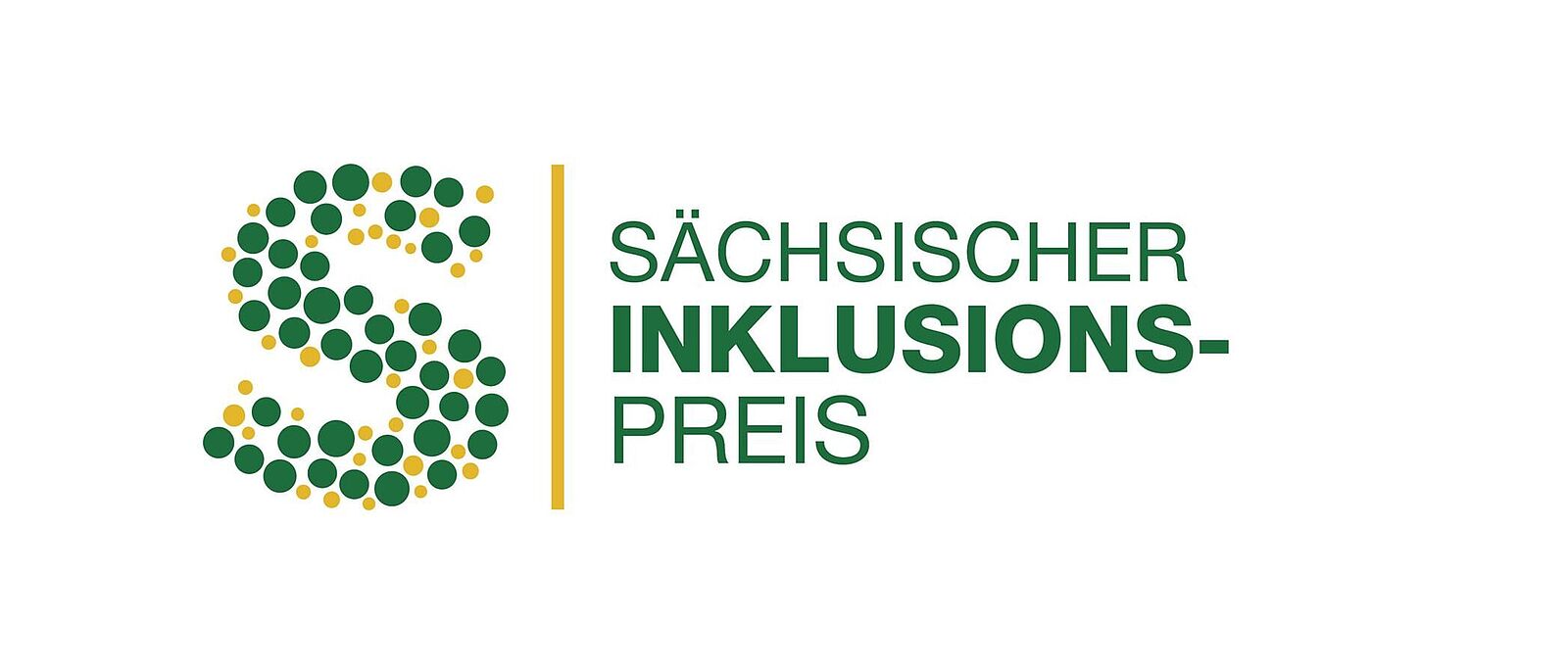 Sächsischer Inklusionspreis 2026 Zu sehen ist ein Logo des Sächsischen Inklusionspreises in den Farben Gelb und Grün. Links ist ein aus gelben und grünen Punkten geformtes \"S\" unterbrochen mit einem gelben Balken, gefolgt vom Schriftzug. des Inklusionspreises.