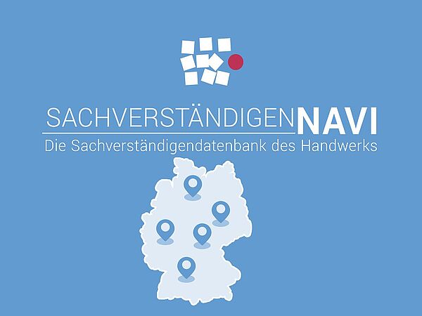 Weißes Logo des SachverständigenNAVI: abstrakte Vierecke die an Pflastersteine erinnern, daneben ein roter Kreis. Darunter der Schriftzug \"SachverständigenNAVI - Die Sachverständigendatenbank des Handwerks\" auf hellblauem Hintergrund.