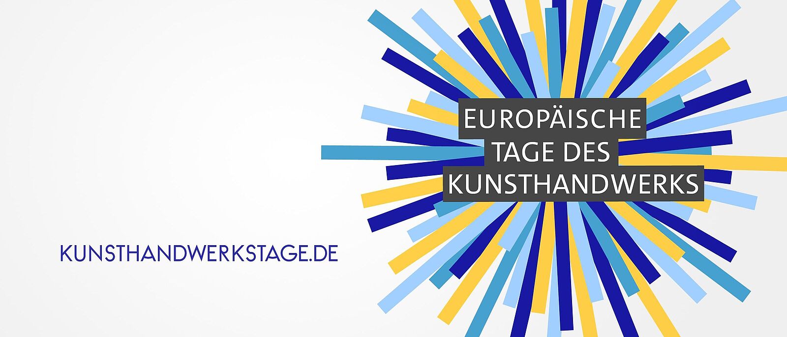 Logo des Europäischen Tag des Kunsthandwerks: bestehend aus mehreren farbigen breiten Streifen (hellblau, dunkelblau und gelb), welche kreisförmig in unterschiedlichen Längen angeordnet sind. In der Mitte der Schriftzug auf schwarzem Hintergrund: Europäische Tage des Kunsthandwerks\". Links daneben  der Schriftzug: Kunsthandwerkstage.de