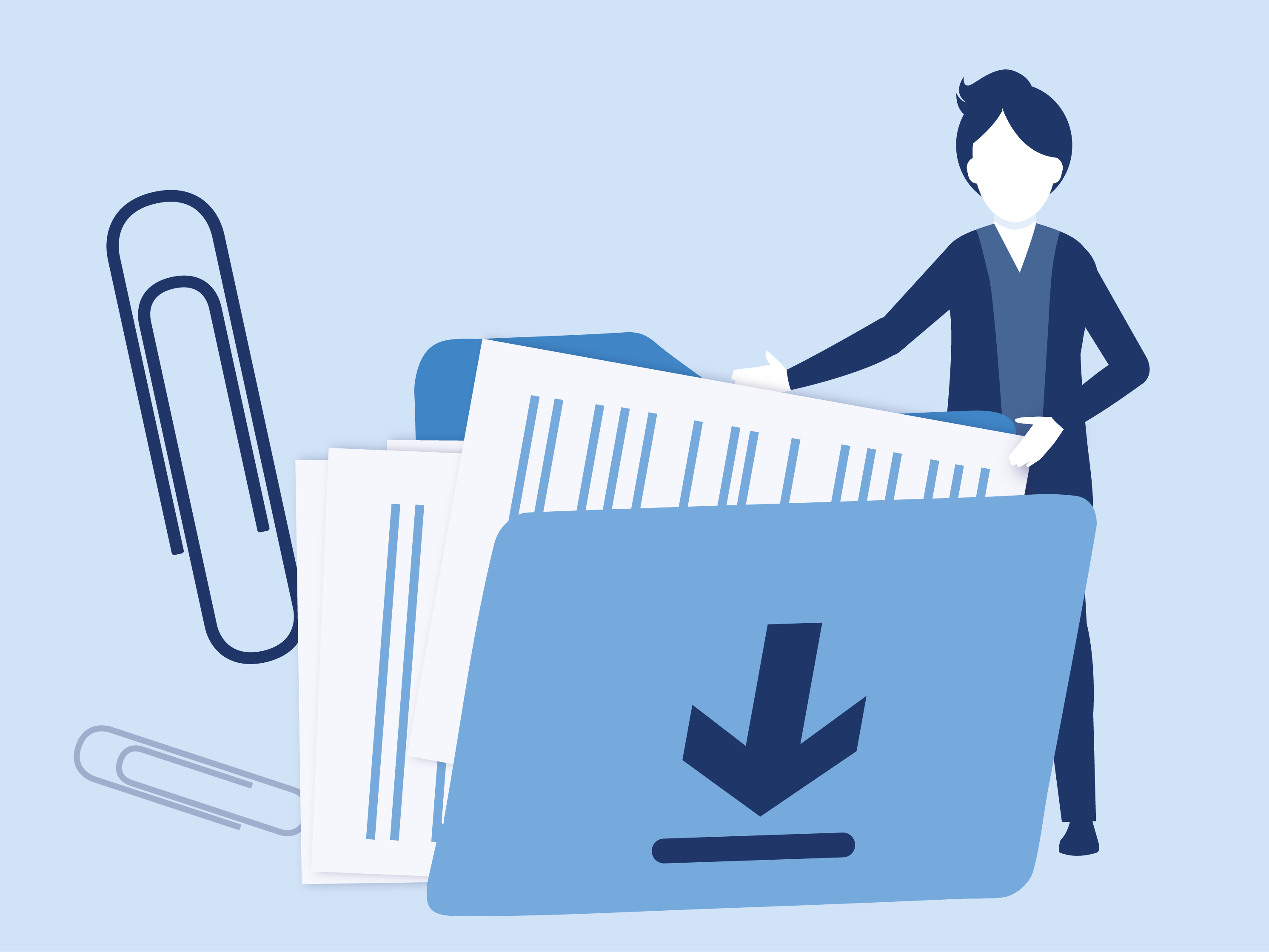 Illustration von einer Person. Sie steht neben einem Ordner und füllt ihn mit Dokumenten. Links daneben sind zwei Büroklammern in verschiedenen Größen.