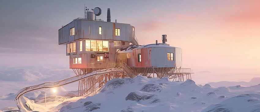 Forschungsstation in einer eisbedeckten Landschaft - Zum Beitrag