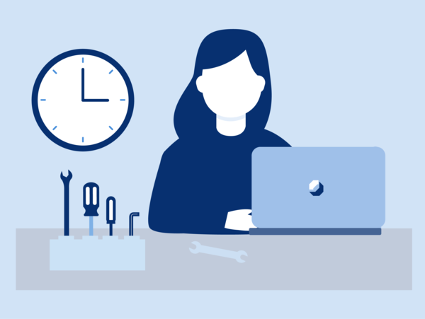 Illustration von einer Person an einem Schreibtisch welche mit einem Laptop arbeitet. Auf dem Schreibtisch stehen verschiedene Werkzeuge. Hinter ihr hängt eine Uhr.