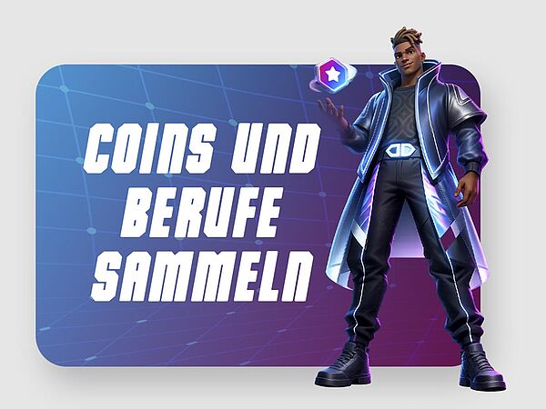 Handwerk Heroes – Es ist Zeit, ein Hero zu werden! Spielerfiguren im Fortnite-Style stehen links und rechts neben dem Text: Coins und Berufe sammeln