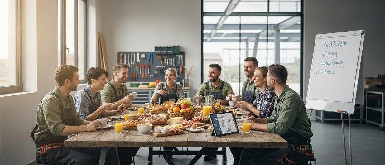 Handwerkerfrühstück: Die Arbeitgebermarke als Erfolgsfaktor für die Fachkräftegewinnung Mehrere Handwerker sitzen in einer Werkhalle gesellig an einem gedeckten Frühstückstisch und diskutieren angeregt miteinander während sie dabei etwas essen und trinken.