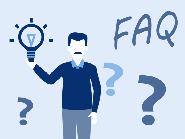 Illustration einer Person mit einer Glühbirne in der Hand. Hinter und neben ihr sind mehrere Fragezeichen in unterschiedlicher Größe zu sehen. Darüber befindet sich der Schriftzug „FAQ”.