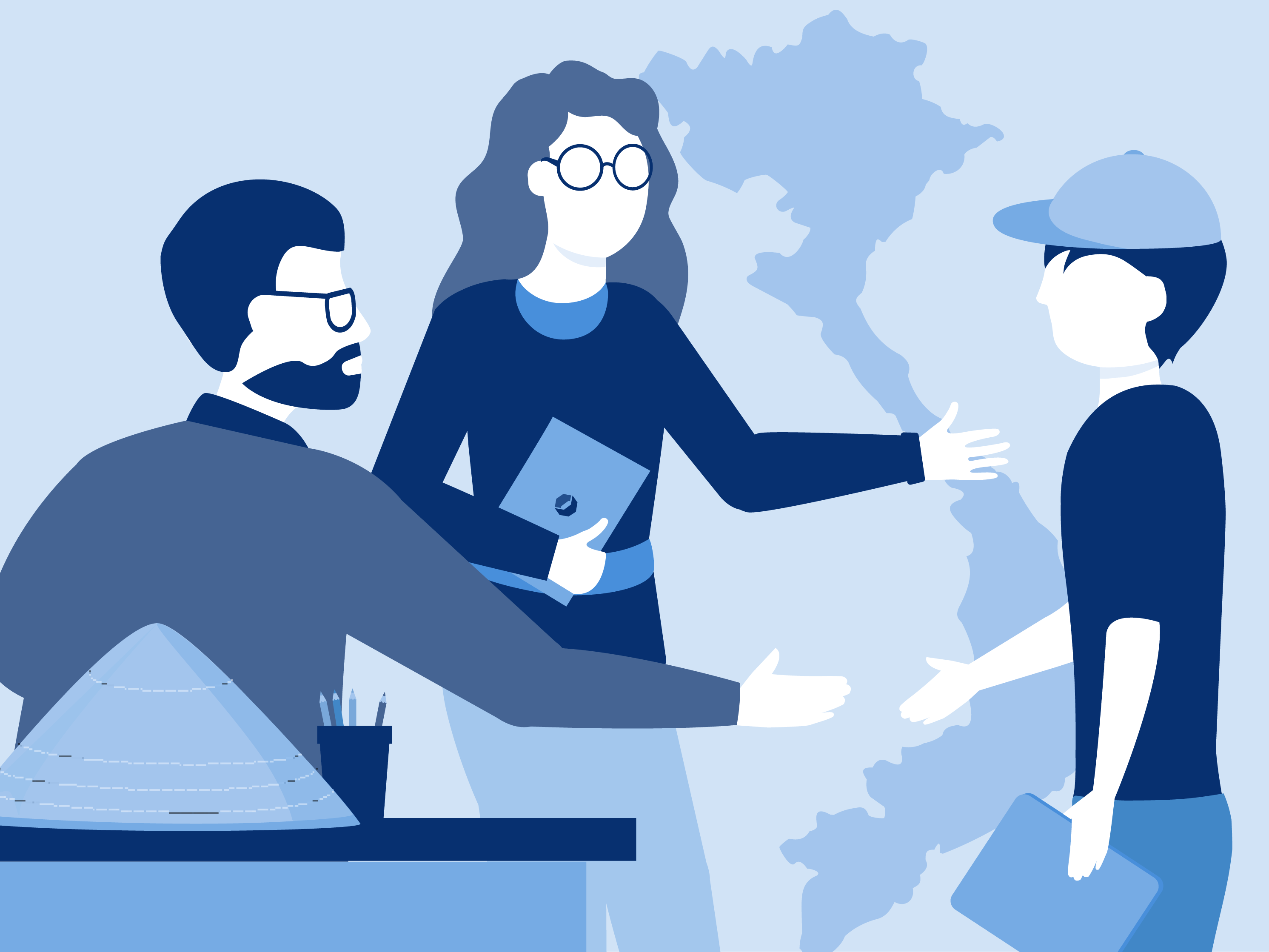Es ist eine Illustration von drei Personen zu sehen. Zwei ältere Personen gehen begrüßend auf eine jüngere Person zu. Diese hält einen Ordner oder ein Heft mit Unterlagen in den Händen. Im Hintergrund ist eine Landkarte von Vietnam zu sehen.