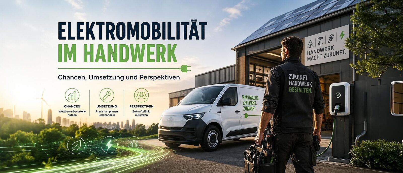 Online-Veranstaltung Elektromobilität im Handwerk – Chancen, Umsetzung und Perspektiven Ein elektrotechniker-Handwerker mit Werkzeugkoffer läuft auf seinen E-Transporter zu. Im Hintergrund eine Scheune. Auf dem Bildmotiv mehrere grafische grün, weiße Symbole zum Thema Elektromobilität.