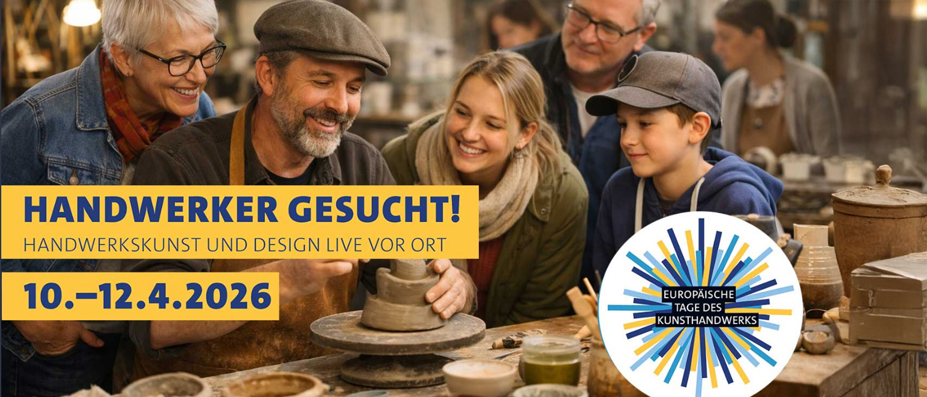 Mehrere Personen stehen an einem Werktisch in einer Töpferei und  schauen einer Person beim Schau-Töpfern zu. Links ein dunkelblauer Schriftzug auf gelben Hintergrund: Handwerker gesucht! Handwerkskunst und Design Live vor Ort, 10. bis 12.04.2026