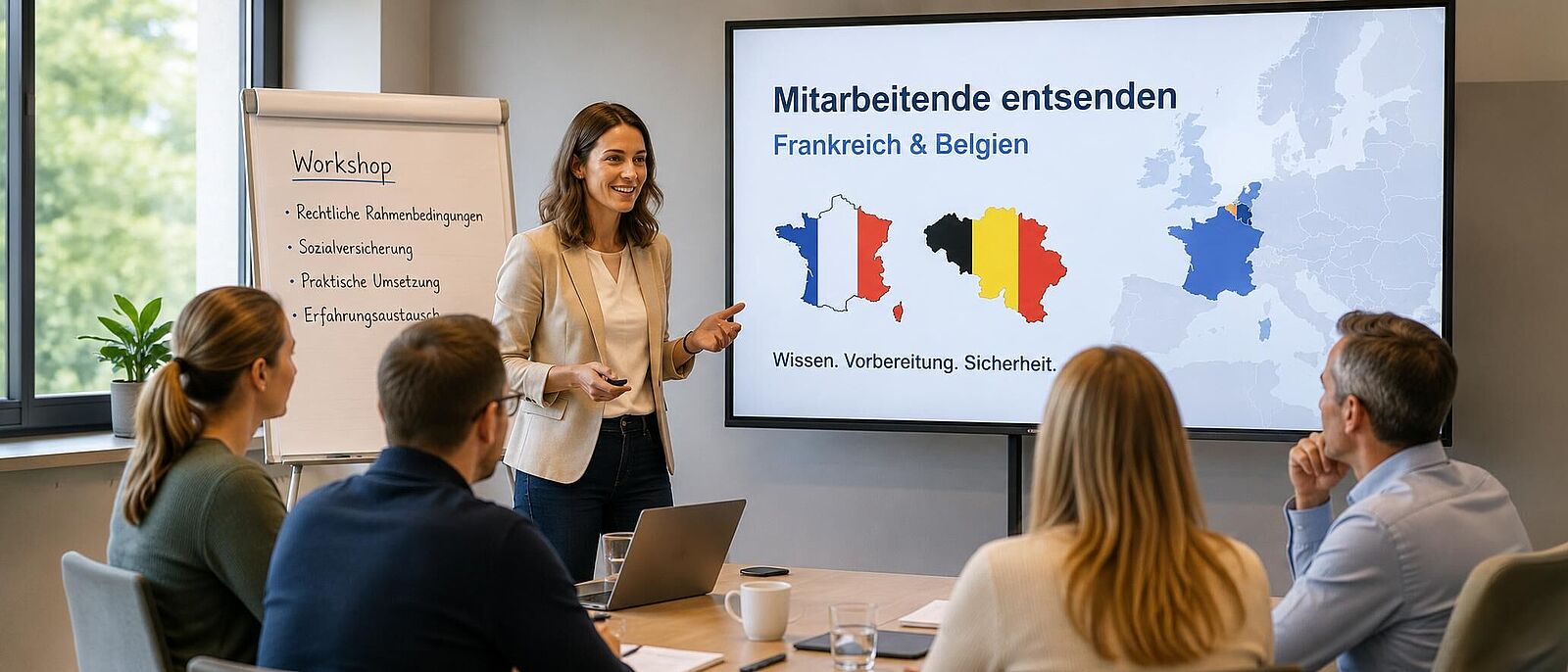 Workshop: Mitarbeitende nach Frankreich und Belgien entsenden – rechtssicher und praxisnah Workshop-Situation in einem modernen Seminarraum: Eine Referentin präsentiert Informationen zur Entsendung von Mitarbeitenden nach Frankreich und Belgien. Auf einem Bildschirm sind die Länder Frankreich und Belgien hervorgehoben. Mehrere Teilnehmende sitzen an einem Tisch mit Laptops und Unterlagen und verfolgen die Präsentation.
