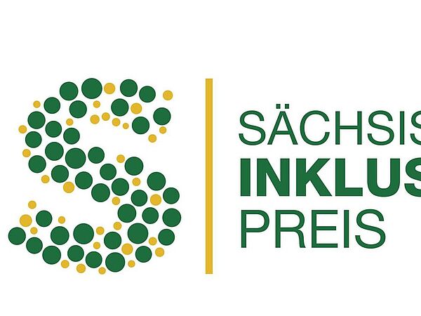 Zu sehen ist ein Logo des Sächsischen Inklusionspreises in den Farben Gelb und Grün. Links ist ein aus gelben und grünen Punkten geformtes \"S\" unterbrochen mit einem gelben Balken, gefolgt vom Schriftzug. des Inklusionspreises.